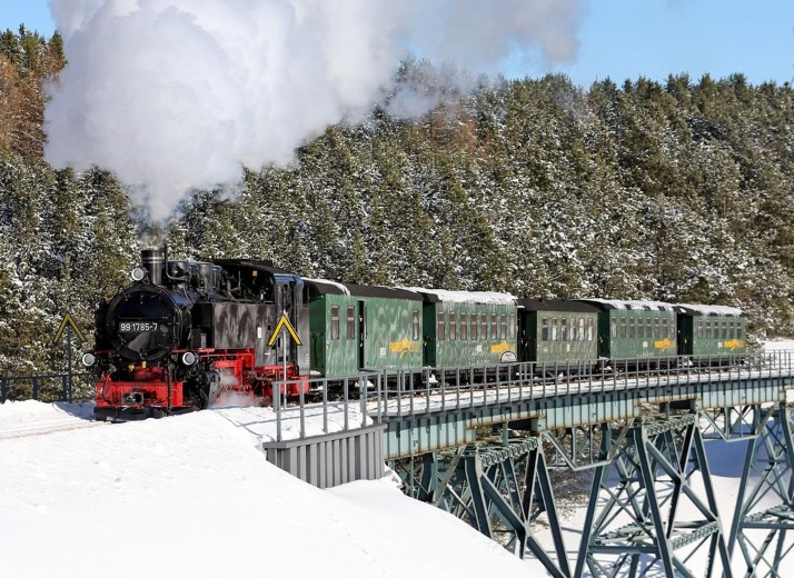 Winterliche Zugfahrt durch verschneite Landschaften